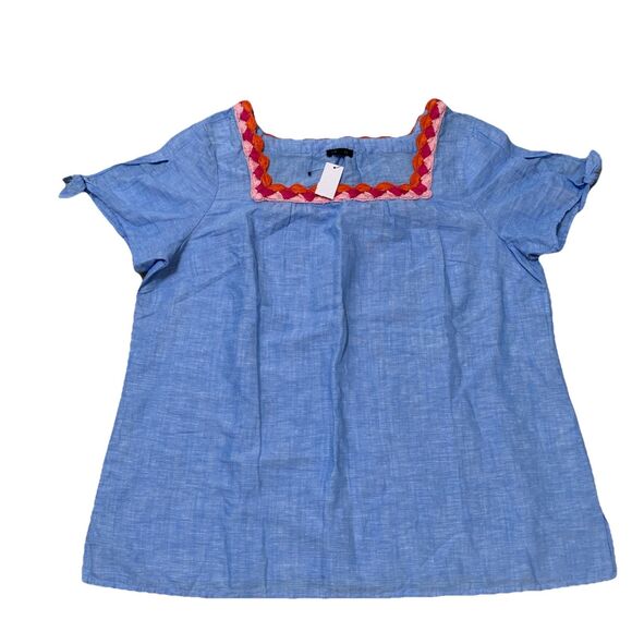 Talbots Tops - Talbots Blue Chambray Square Neck Embroidered Top Blouse Linen Short Sleeves L